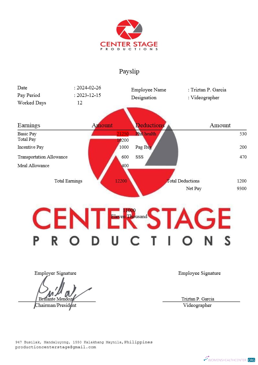 Download Center Stage Productions payslip template in Word and PDF formats.pdf, 3 Photoshop template